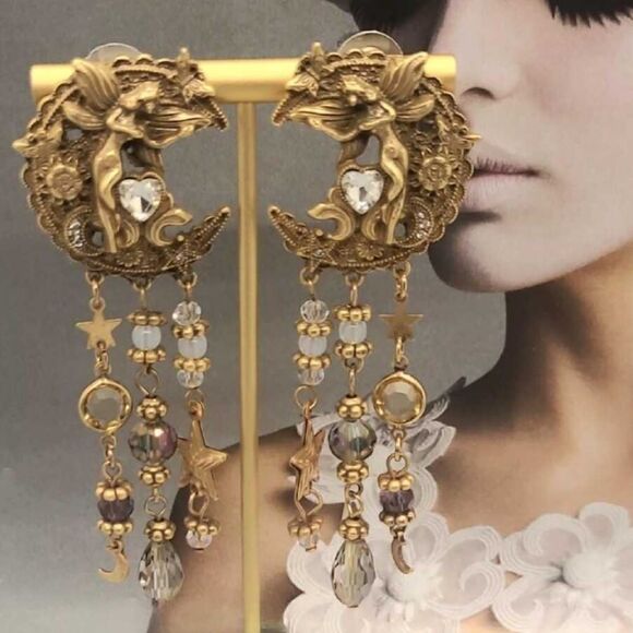Mystical Mermaid & Moon Dangle Earrings – Vintage Gold Sterling Silver Stud - Picture 5 of 6
